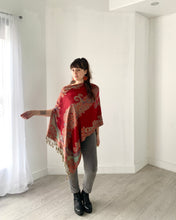 Load image into Gallery viewer, Burgundy and Mint Paisley Pashmina Draped Shawl
