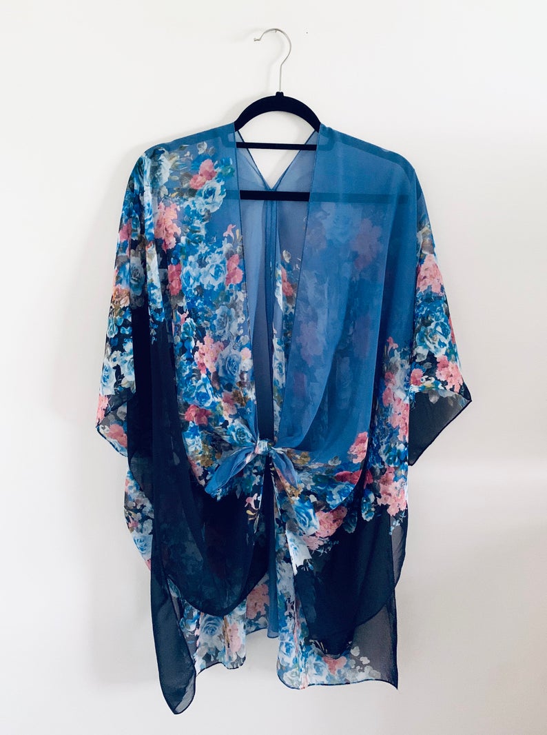 Two Tone Blue Floral Sheer Kimono – Halina Shearman Designs