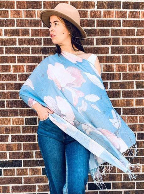 Blue and Pink Floral Light Draped Shawl