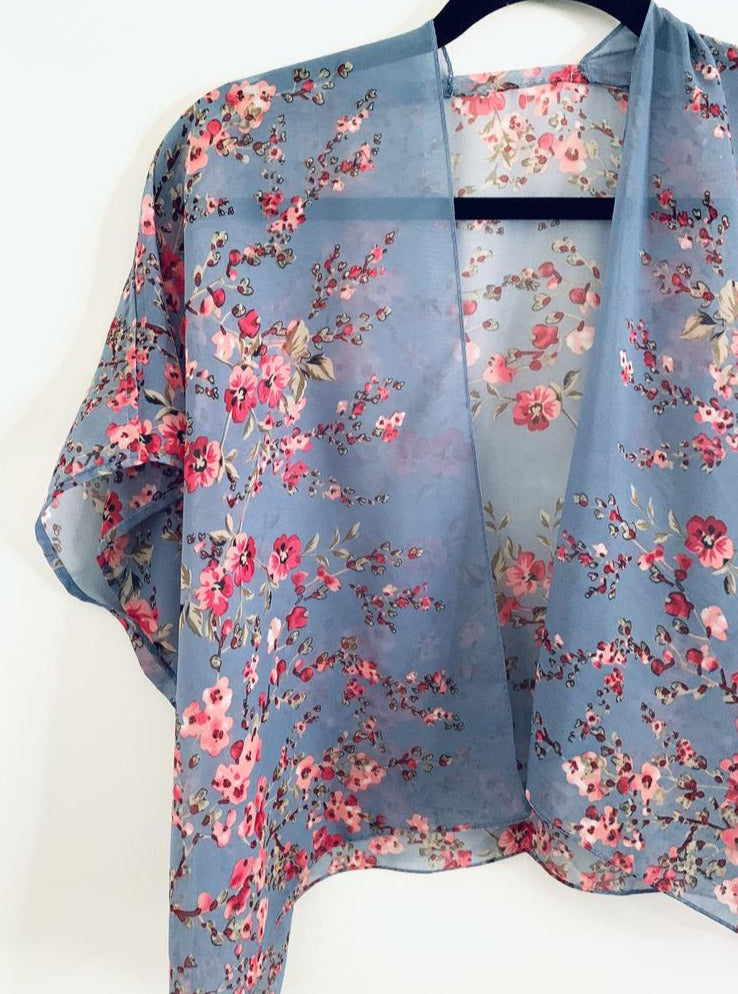 Denim Blue Floral Sheer Cropped Kimono