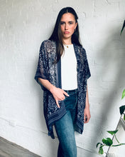 Load image into Gallery viewer, Navy and White Floral with Border Sheer Kimono
