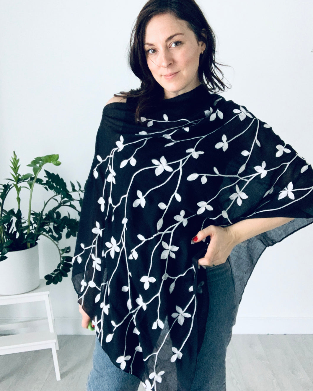 Black and White Embroidered Cotton Shawl