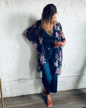 Load image into Gallery viewer, Navy and Fuschia Floral Sheer Kimono
