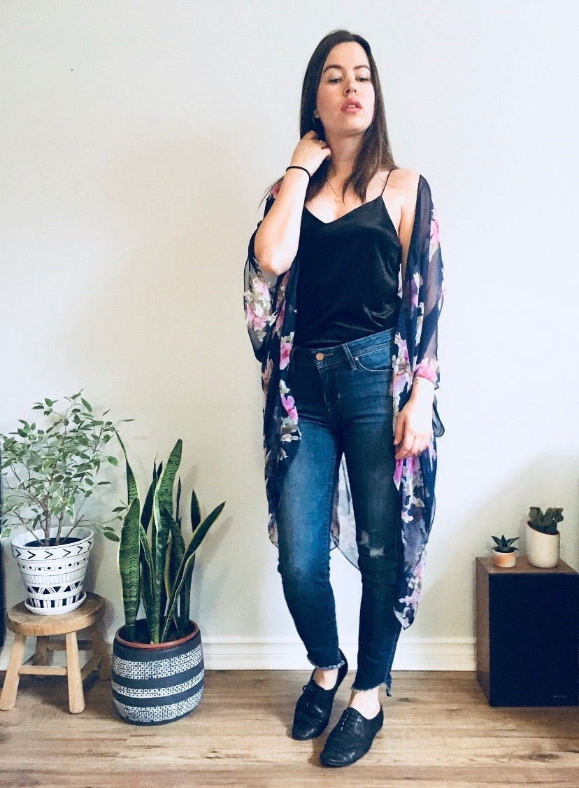 Navy Blue and Pink Flower Sheer Kimono