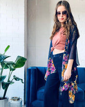 Load image into Gallery viewer, Navy and Yellow Floral Sheer Kimono
