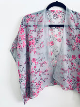 Load image into Gallery viewer, Grey Blue and Pink Floral Sheer Cropped Kimono
