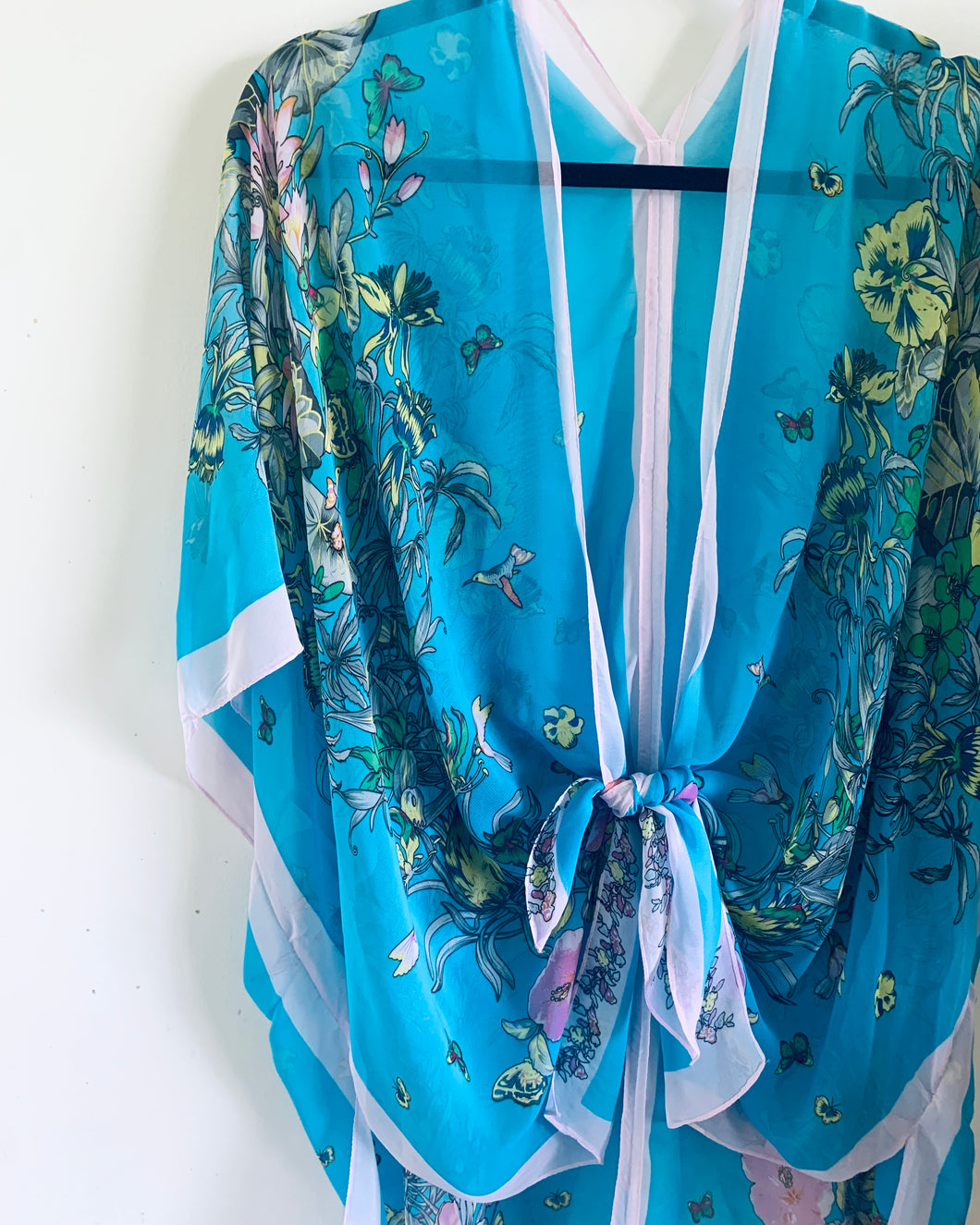 Turquoise Border Blue Floral Sheer Kimono