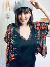 Load image into Gallery viewer, Black and Red Floral Sheer Cropped Kimono
