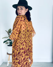 Load image into Gallery viewer, Deep Tan and Burgundy Leaves Sheer Kimono
