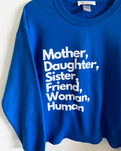 Load image into Gallery viewer, Royal Blue “Woman Human” Crew Neck Crop Sweatshirt
