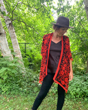 Load image into Gallery viewer, Red and Black Floral Border Sheer Kimono
