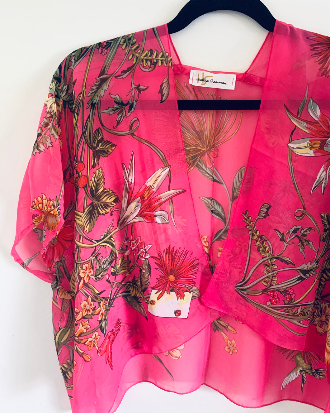 Bright Pink Floral Sheer Cropped Kimono