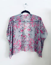 Load image into Gallery viewer, Grey Blue and Pink Floral Sheer Cropped Kimono

