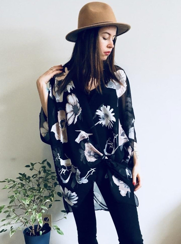 Black Floral Sheer Kimono