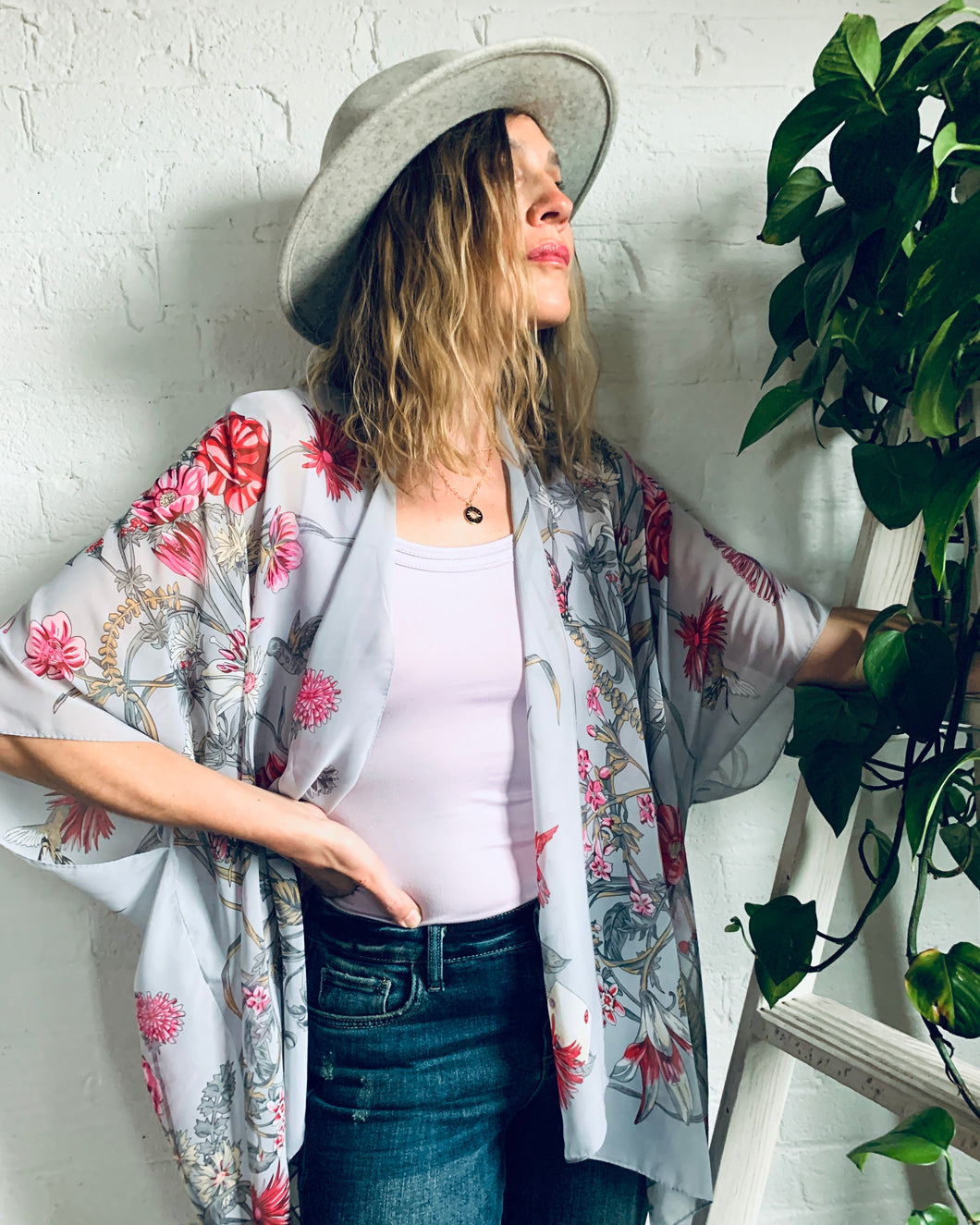 Dolphin Grey and Pink Floral Sheer Kimono